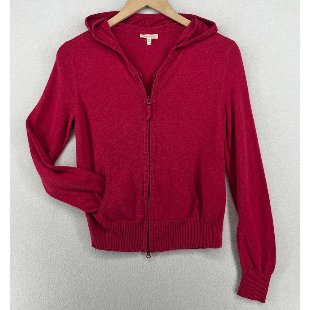 EILEEN FISHER Sweater XS Organic Cotton Cardigan 2 Way Zip Hoodie Red Pink